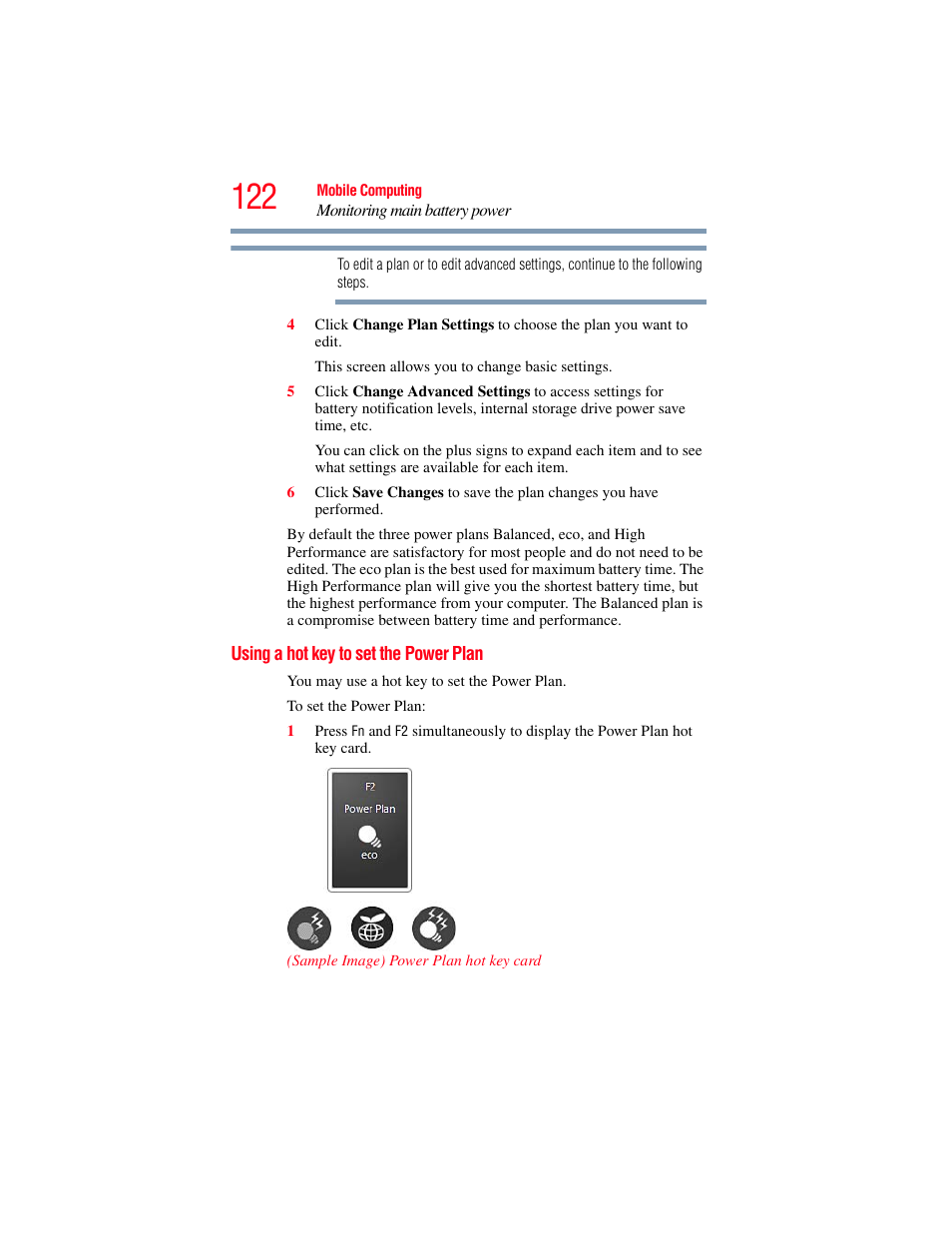 Using a hot key to set the power plan | Toshiba SATELLITE P500 User Manual | Page 122 / 254