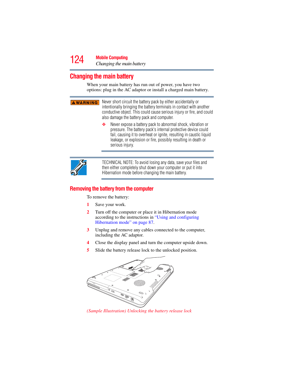 Changing the main battery, Removing the battery from the computer | Toshiba SATELLITE P500 User Manual | Page 124 / 254