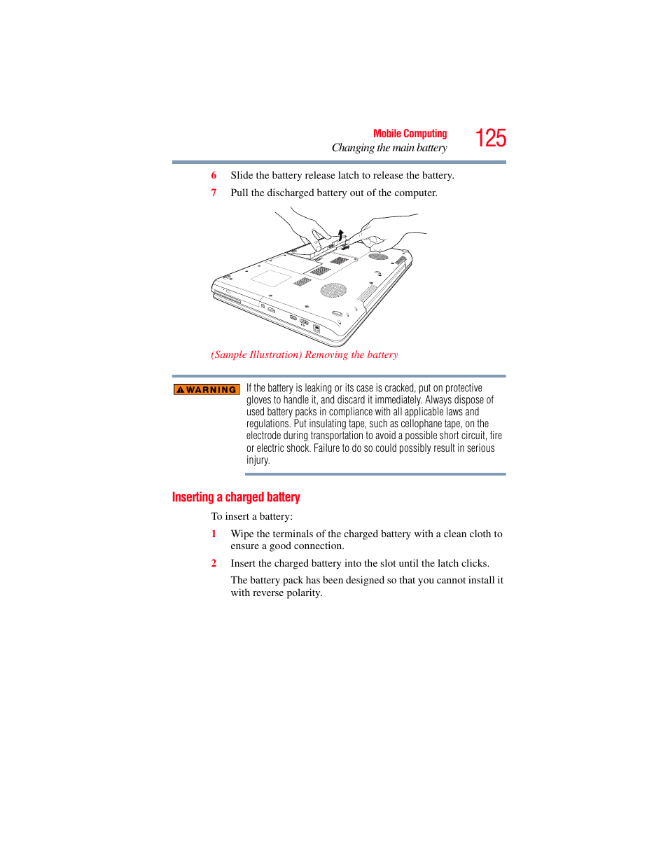 Inserting a charged battery | Toshiba SATELLITE P500 User Manual | Page 125 / 254