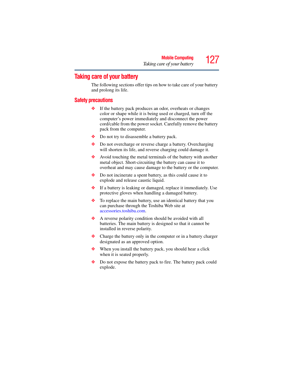 Taking care of your battery, Safety precautions | Toshiba SATELLITE P500 User Manual | Page 127 / 254