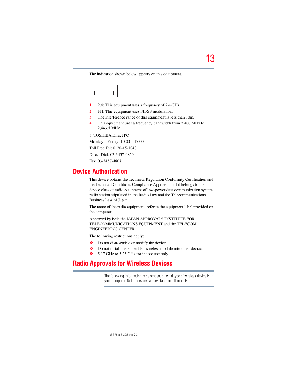 Device authorization, Radio approvals for wireless devices | Toshiba SATELLITE P500 User Manual | Page 13 / 254