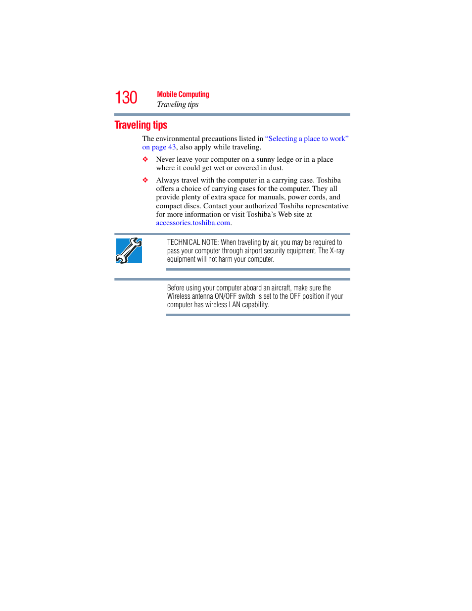 Traveling tips | Toshiba SATELLITE P500 User Manual | Page 130 / 254