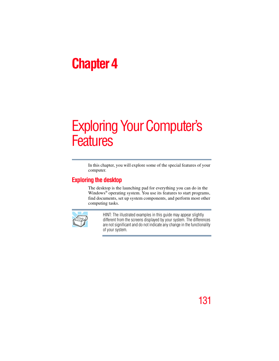 Chapter 4: exploring your computer’s features, Exploring the desktop, Exploring your computer’s features | Chapter 4 | Toshiba SATELLITE P500 User Manual | Page 131 / 254