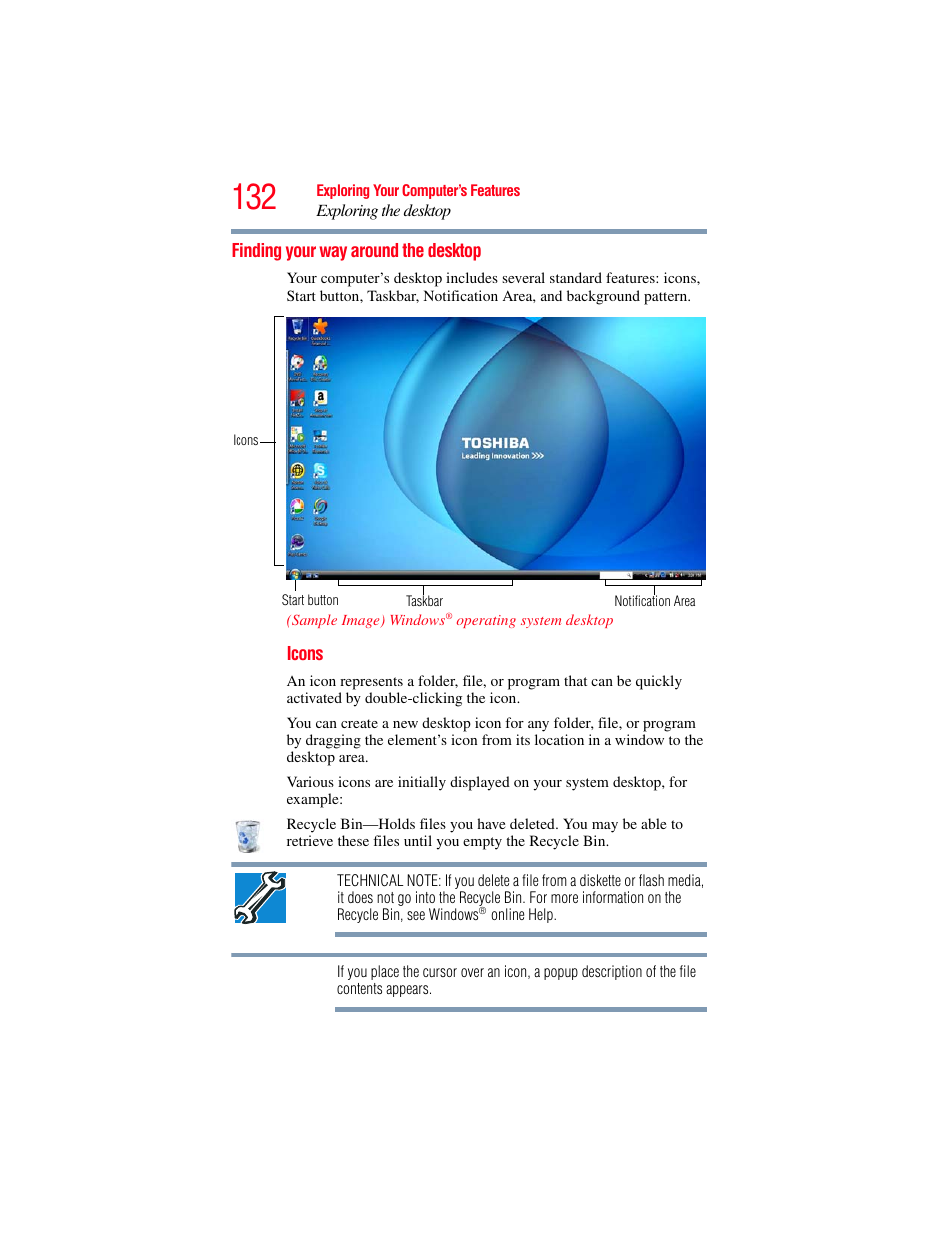 Finding your way around the desktop | Toshiba SATELLITE P500 User Manual | Page 132 / 254