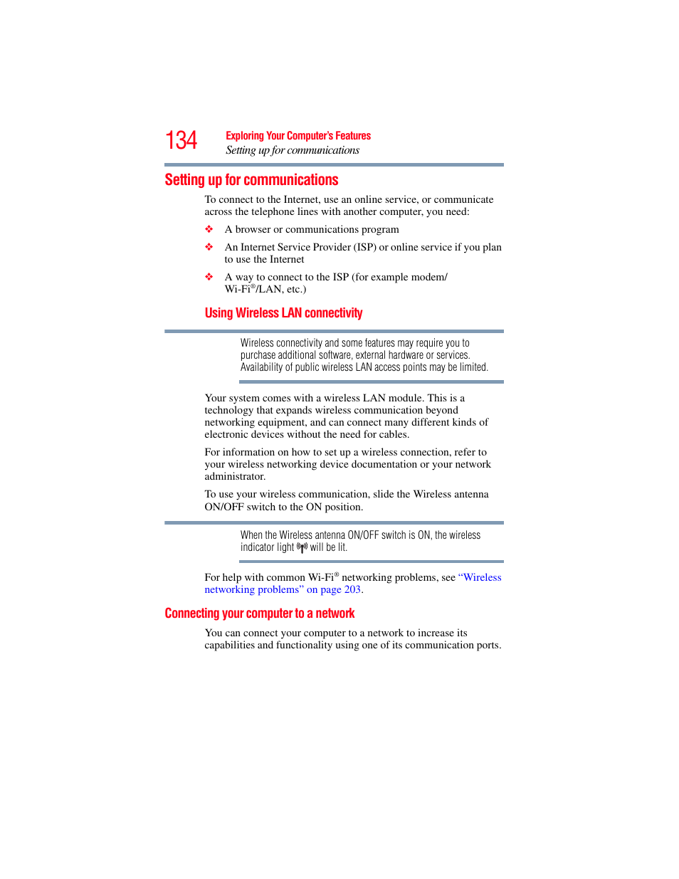Setting up for communications, Connecting your computer to a network | Toshiba SATELLITE P500 User Manual | Page 134 / 254