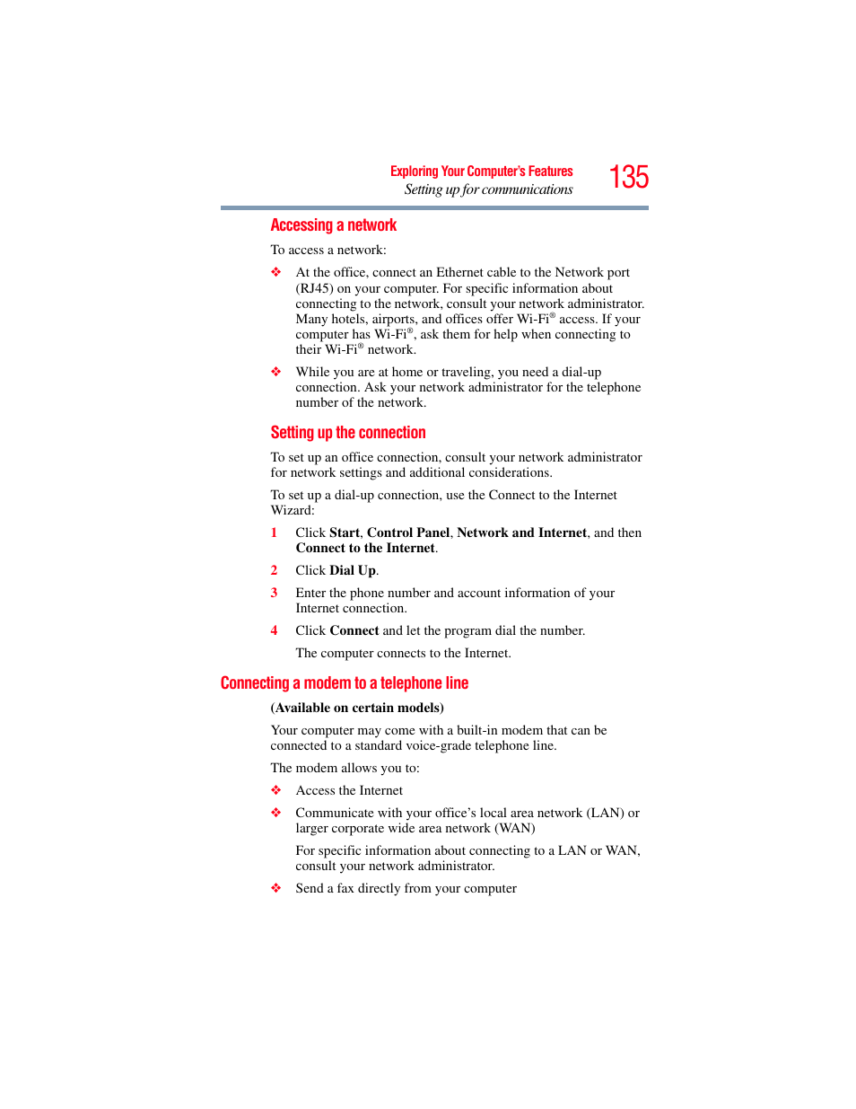 Connecting a modem to a telephone line | Toshiba SATELLITE P500 User Manual | Page 135 / 254