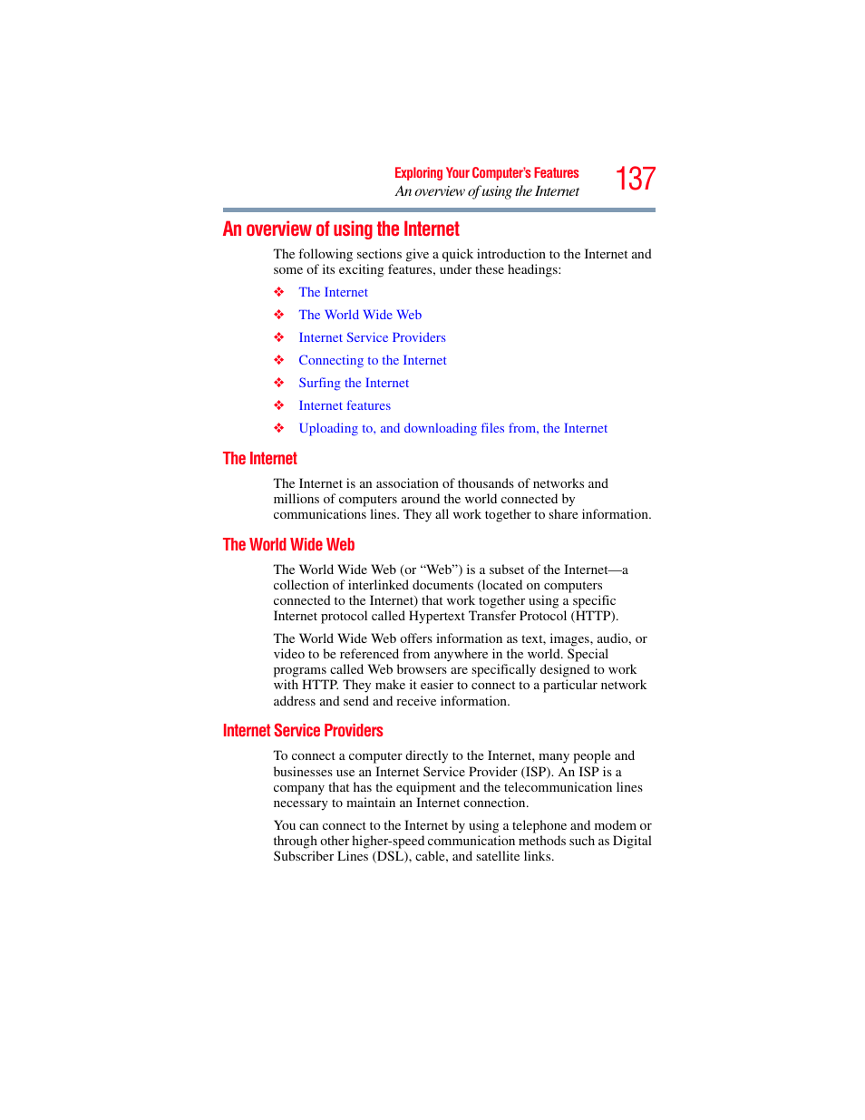 An overview of using the internet, The internet, The world wide web | Internet service providers | Toshiba SATELLITE P500 User Manual | Page 137 / 254