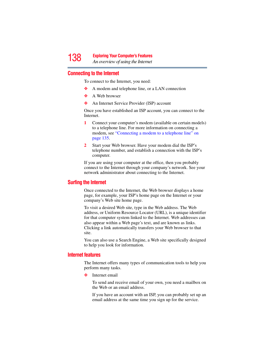 Connecting to the internet, Surfing the internet, Internet features | Toshiba SATELLITE P500 User Manual | Page 138 / 254
