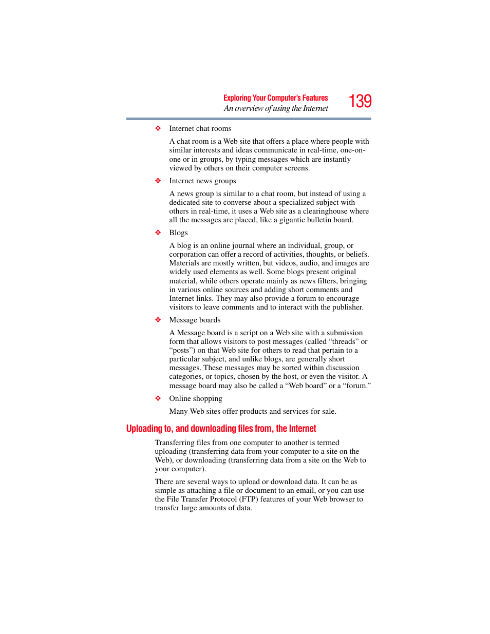 Uploading to, and downloading files, From, the internet | Toshiba SATELLITE P500 User Manual | Page 139 / 254