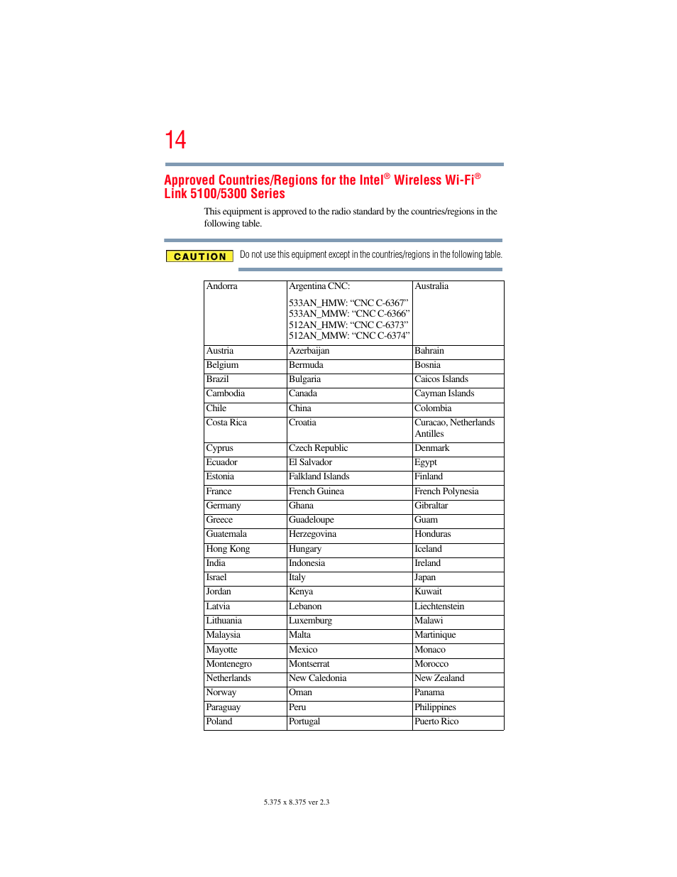 Approved countries/regions for the intel, Wireless wi-fi | Toshiba SATELLITE P500 User Manual | Page 14 / 254