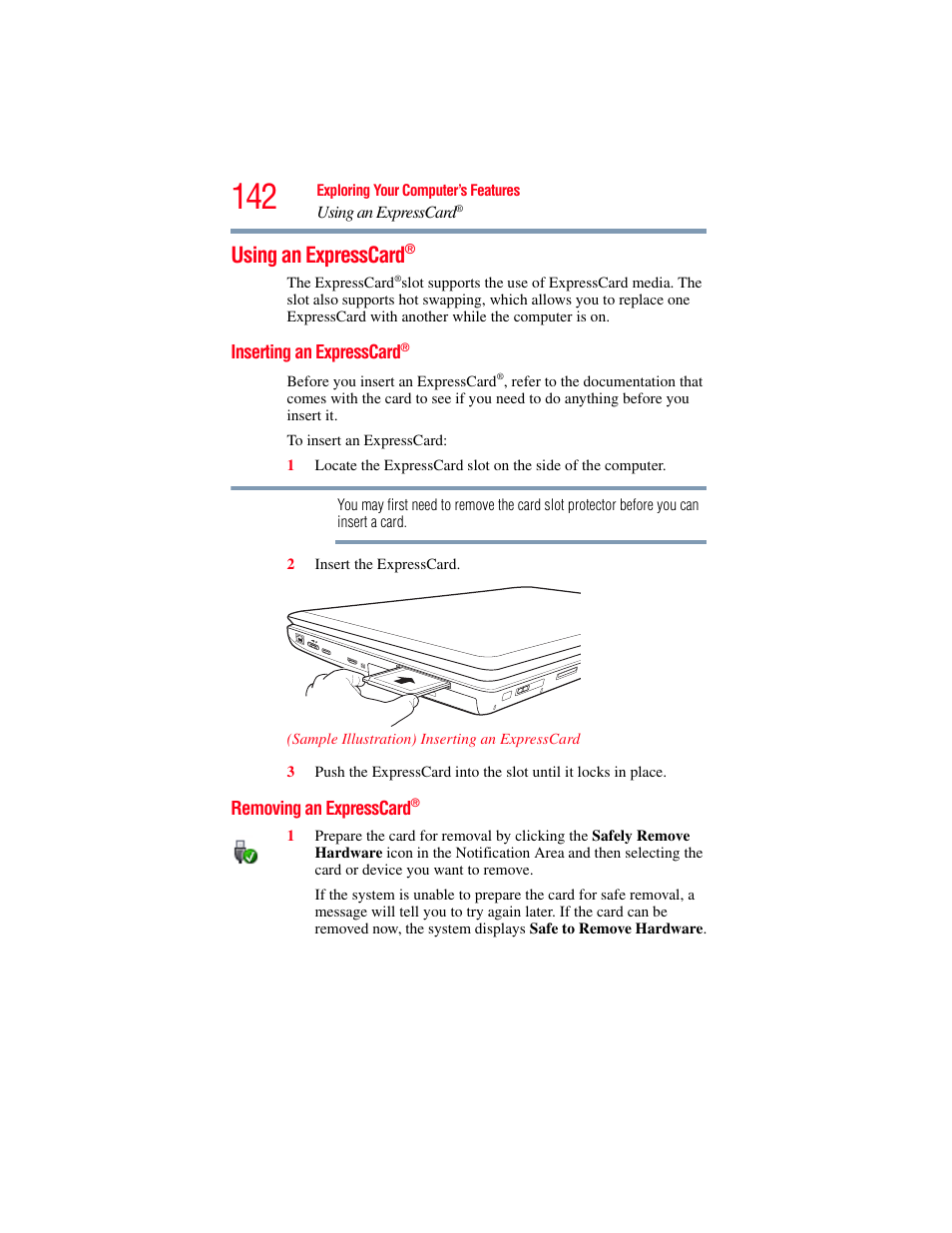 Using an expresscard, Inserting an expresscard, Removing an expresscard | Toshiba SATELLITE P500 User Manual | Page 142 / 254