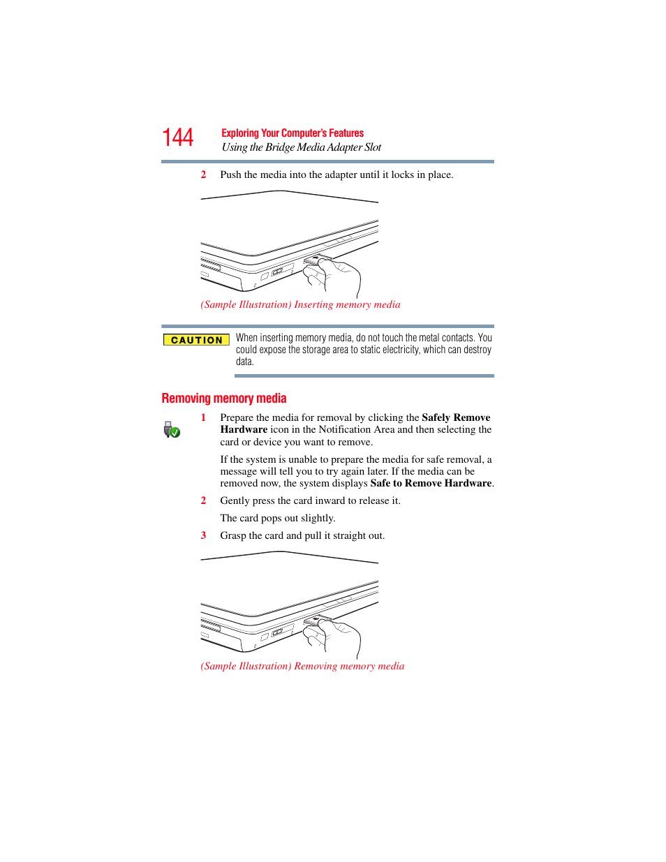 Removing memory media | Toshiba SATELLITE P500 User Manual | Page 144 / 254