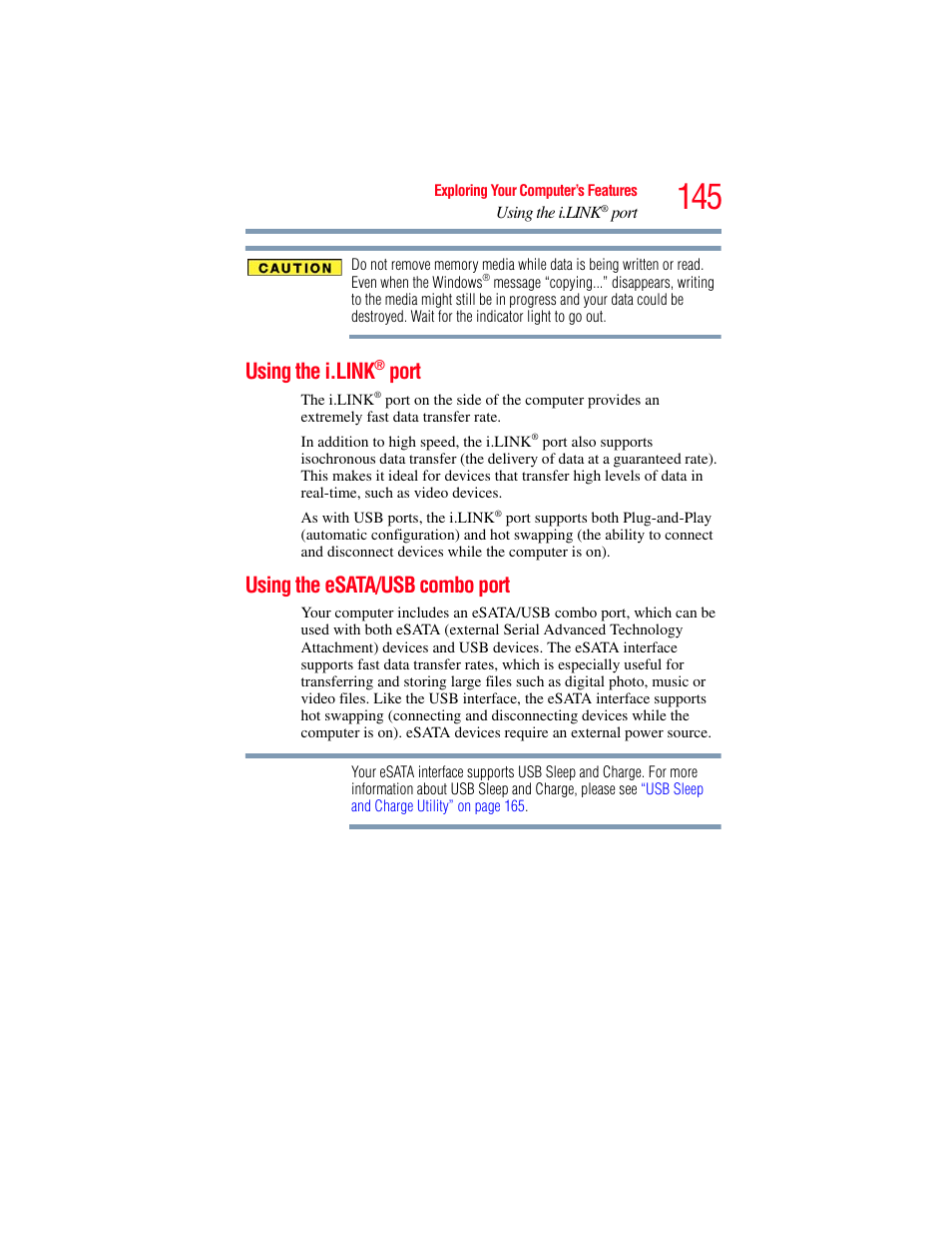 Using the i.link® port, Using the esata/usb combo port, Using the i.link | Port | Toshiba SATELLITE P500 User Manual | Page 145 / 254