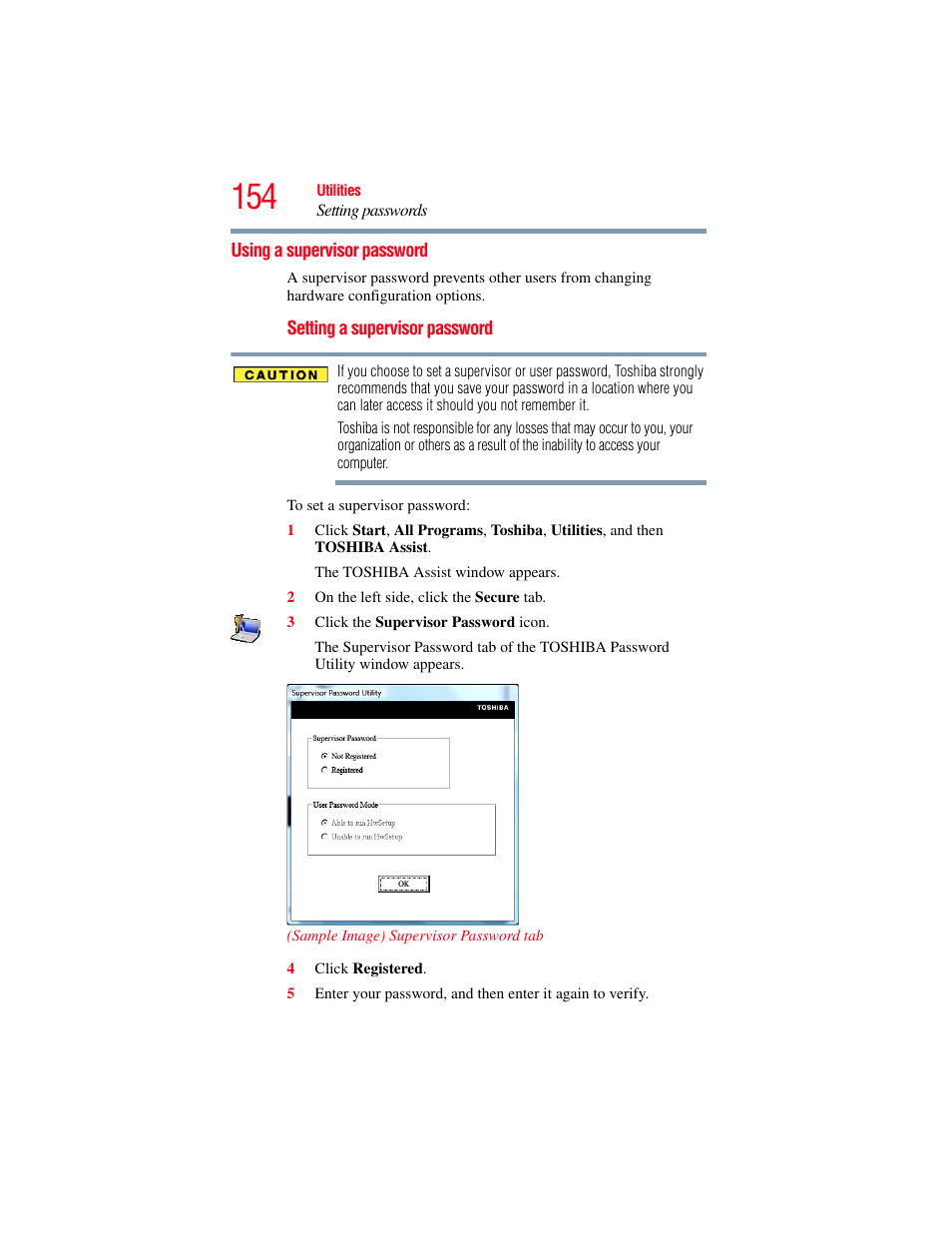 Using a supervisor password, Supervisor password | Toshiba SATELLITE P500 User Manual | Page 154 / 254