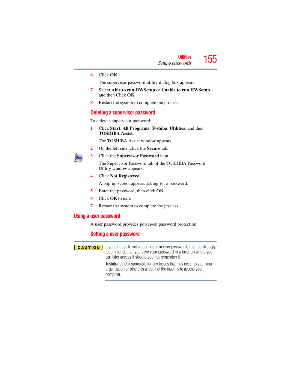 Using a user password, User password | Toshiba SATELLITE P500 User Manual | Page 155 / 254