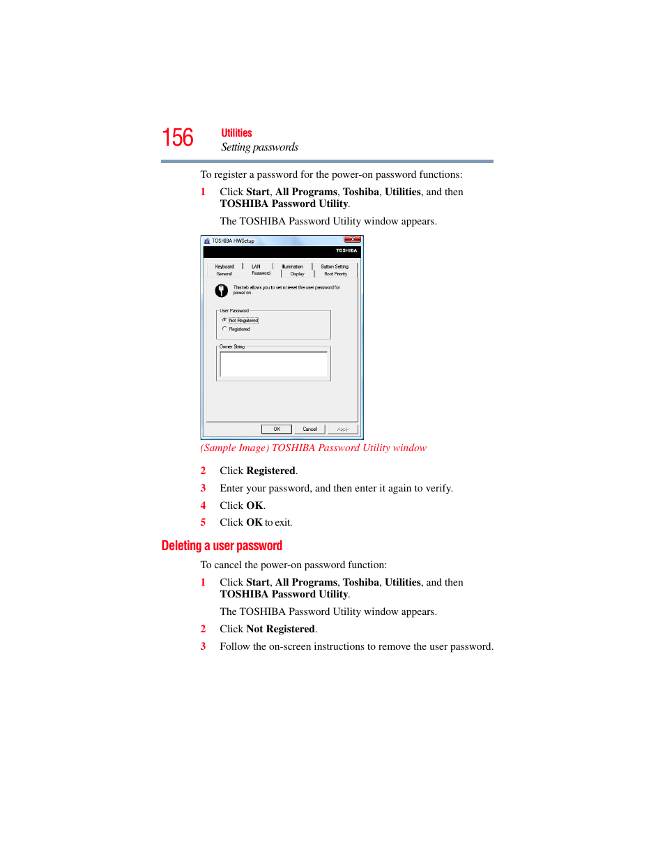 Deleting a user password | Toshiba SATELLITE P500 User Manual | Page 156 / 254