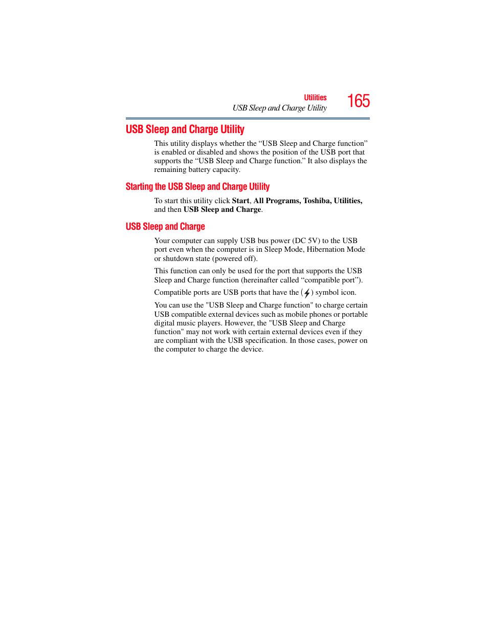 Usb sleep and charge utility, Starting the usb sleep and charge utility, Usb sleep and charge | Toshiba SATELLITE P500 User Manual | Page 165 / 254