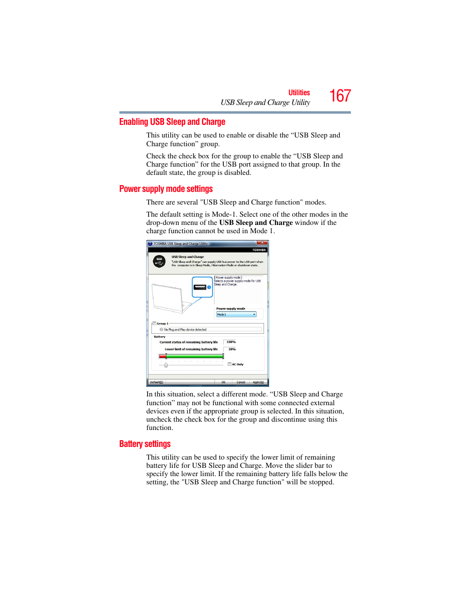 Enabling usb sleep and charge, Power supply mode settings, Battery settings | Toshiba SATELLITE P500 User Manual | Page 167 / 254