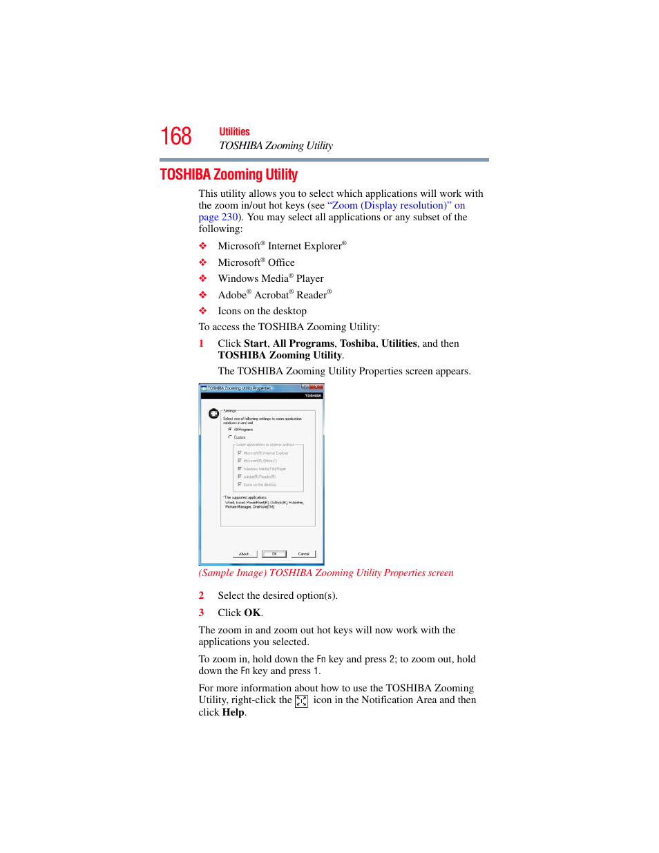 Toshiba zooming utility | Toshiba SATELLITE P500 User Manual | Page 168 / 254