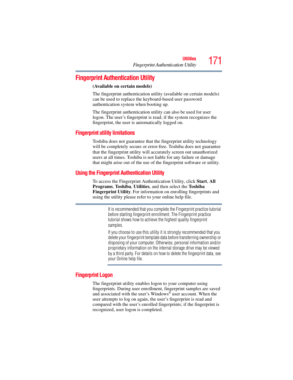 Fingerprint authentication utility, Fingerprint utility limitations, Using the fingerprint authentication utility | Fingerprint logon | Toshiba SATELLITE P500 User Manual | Page 171 / 254