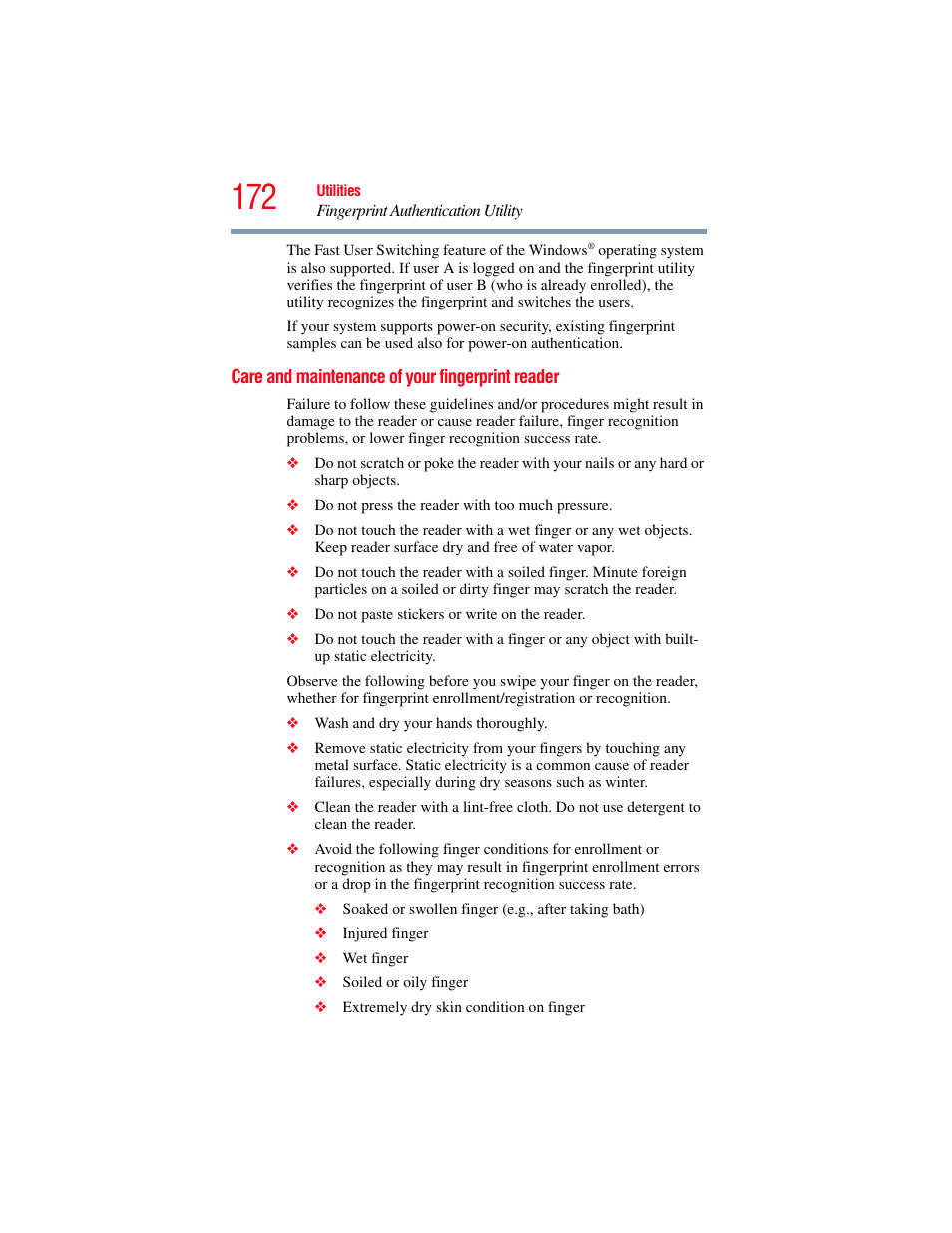 Care and maintenance of your fingerprint reader, Care and maintenance of your fingerprint, Reader | Toshiba SATELLITE P500 User Manual | Page 172 / 254