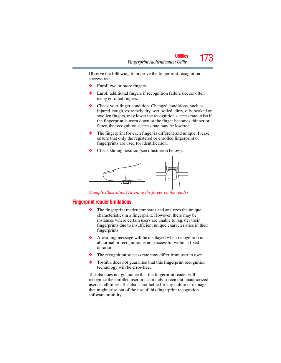 Fingerprint reader limitations | Toshiba SATELLITE P500 User Manual | Page 173 / 254