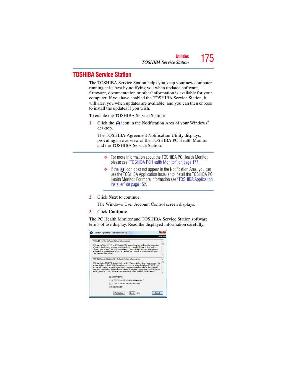 Toshiba service station | Toshiba SATELLITE P500 User Manual | Page 175 / 254