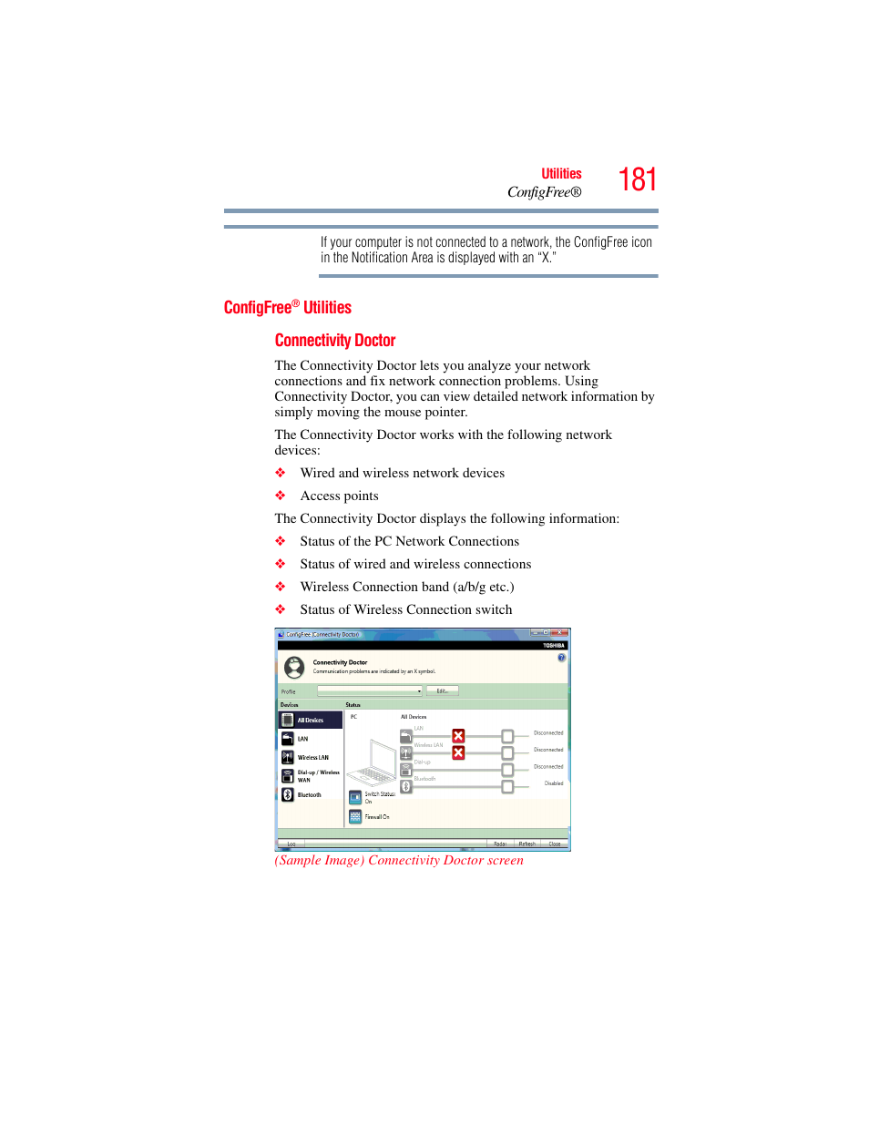 Configfree® utilities, Configfree, Connectivity | Toshiba SATELLITE P500 User Manual | Page 181 / 254