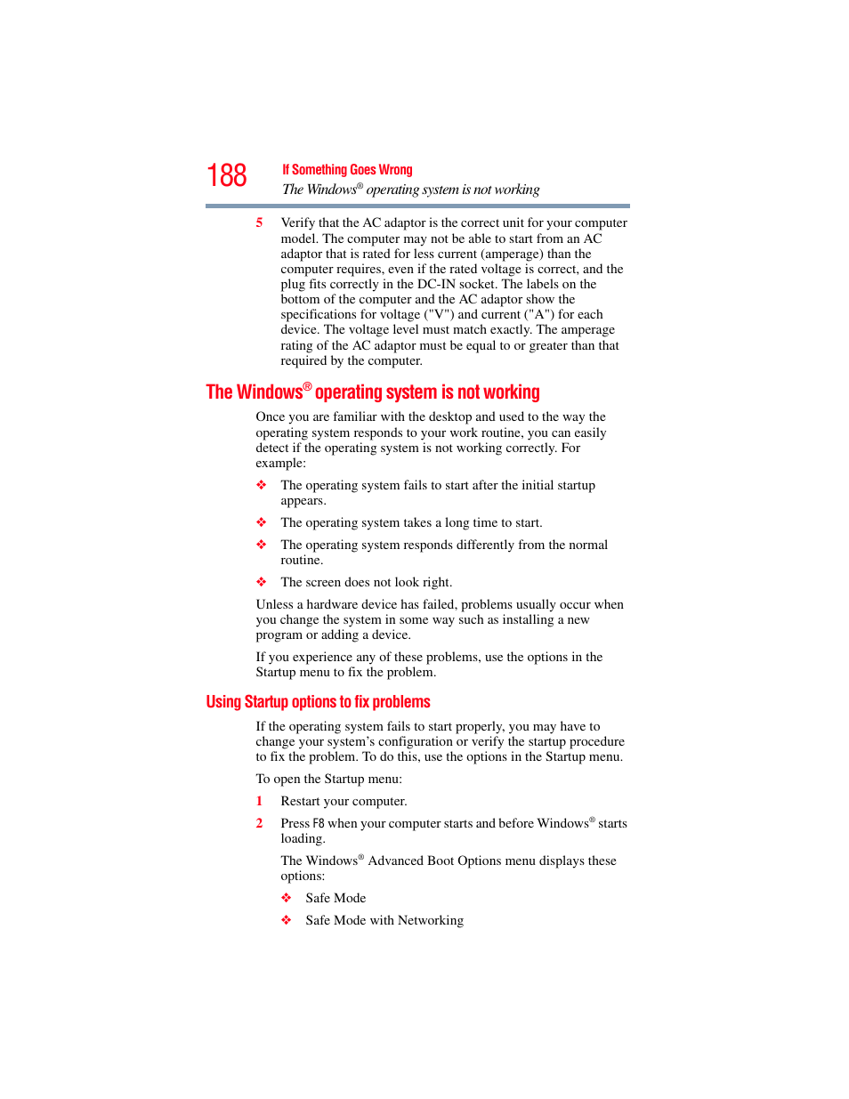 The windows® operating system is not working, Using startup options to fix problems, The windows | Operating system is not working | Toshiba SATELLITE P500 User Manual | Page 188 / 254