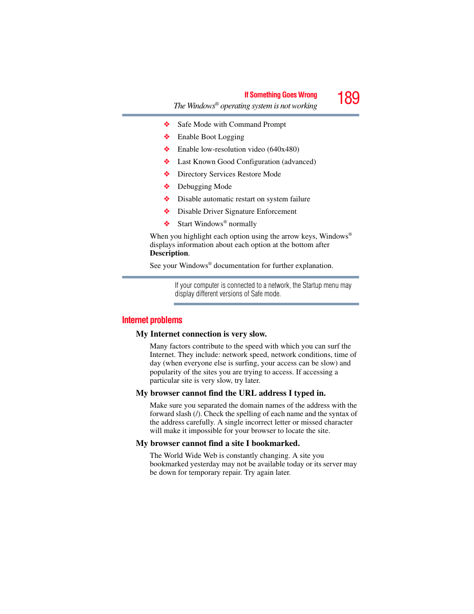 Internet problems | Toshiba SATELLITE P500 User Manual | Page 189 / 254