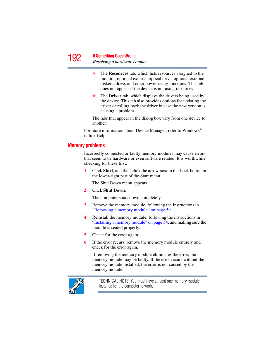 Memory problems | Toshiba SATELLITE P500 User Manual | Page 192 / 254