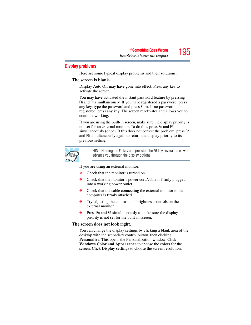 Display problems | Toshiba SATELLITE P500 User Manual | Page 195 / 254