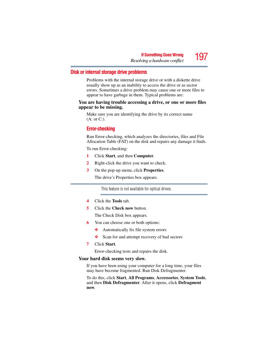 Disk or internal storage drive problems | Toshiba SATELLITE P500 User Manual | Page 197 / 254