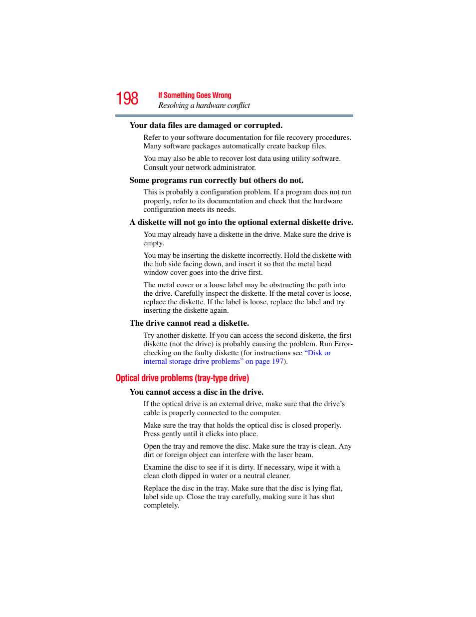 Optical drive problems (tray-type drive) | Toshiba SATELLITE P500 User Manual | Page 198 / 254