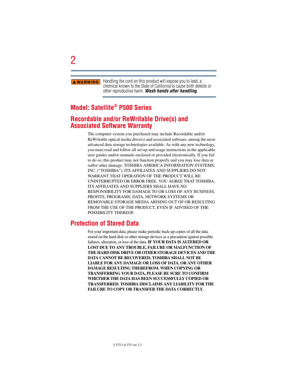 Toshiba SATELLITE P500 User Manual | Page 2 / 254