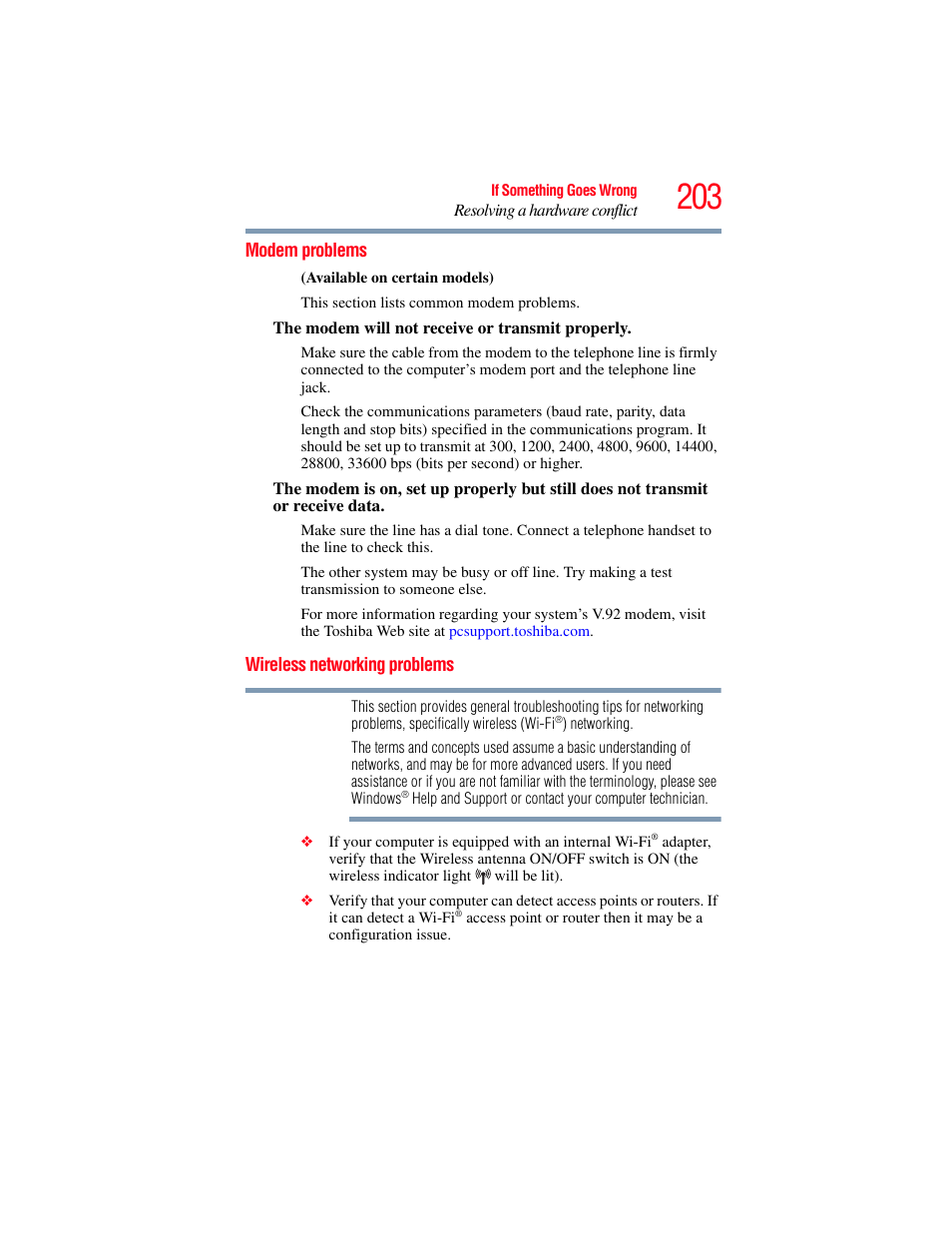 Modem problems, Wireless networking problems, Modem problems wireless networking problems | Toshiba SATELLITE P500 User Manual | Page 203 / 254