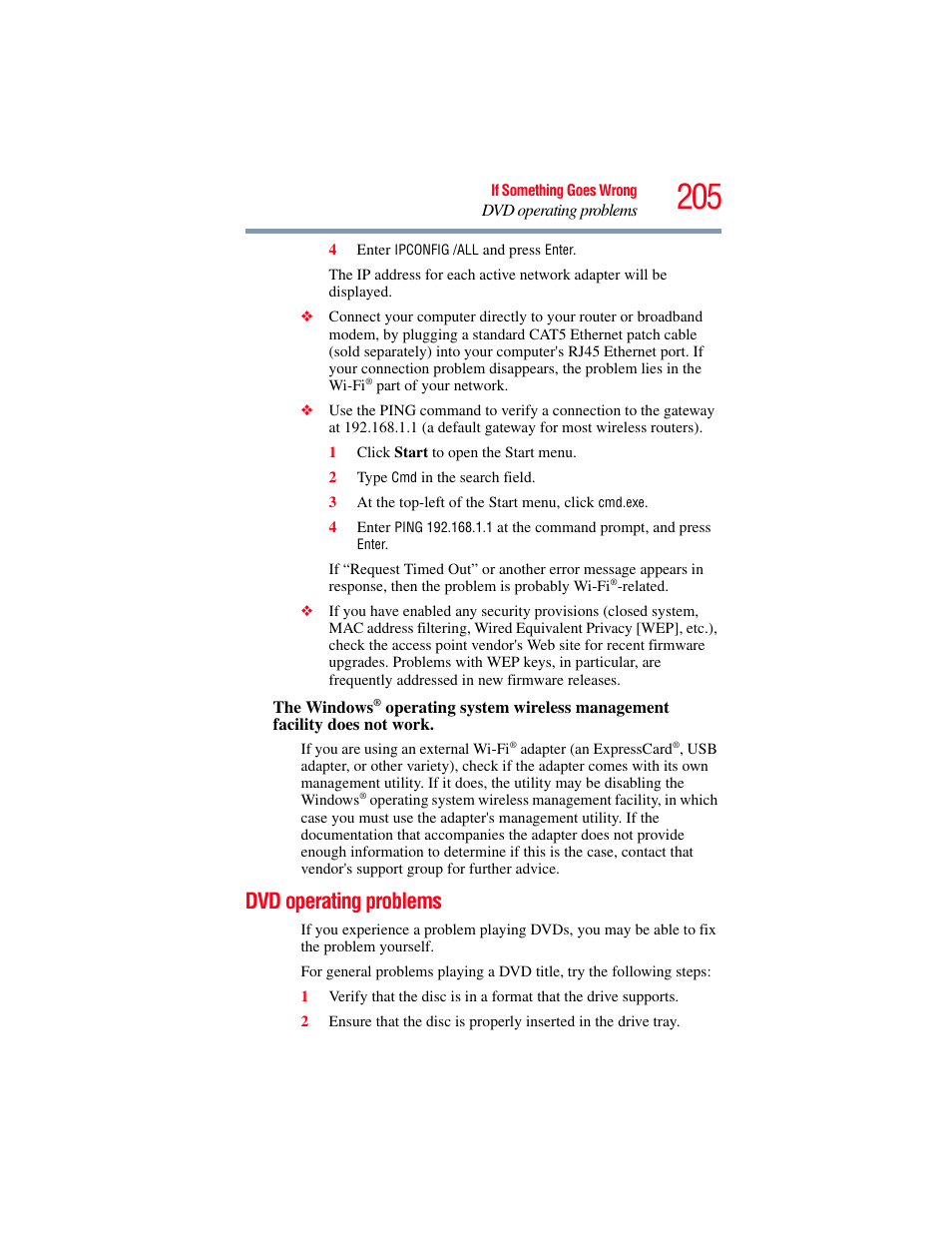 Dvd operating problems | Toshiba SATELLITE P500 User Manual | Page 205 / 254