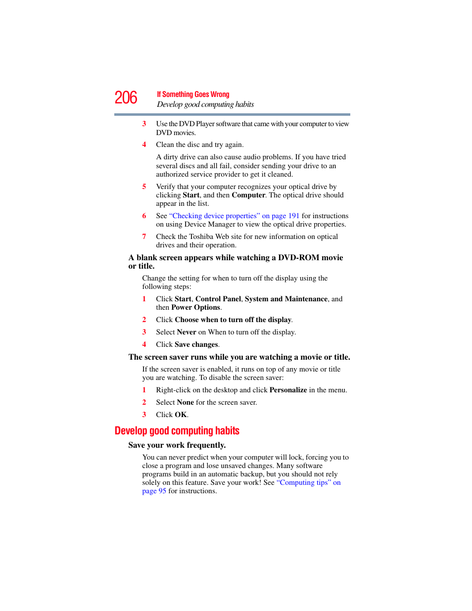 Develop good computing habits | Toshiba SATELLITE P500 User Manual | Page 206 / 254