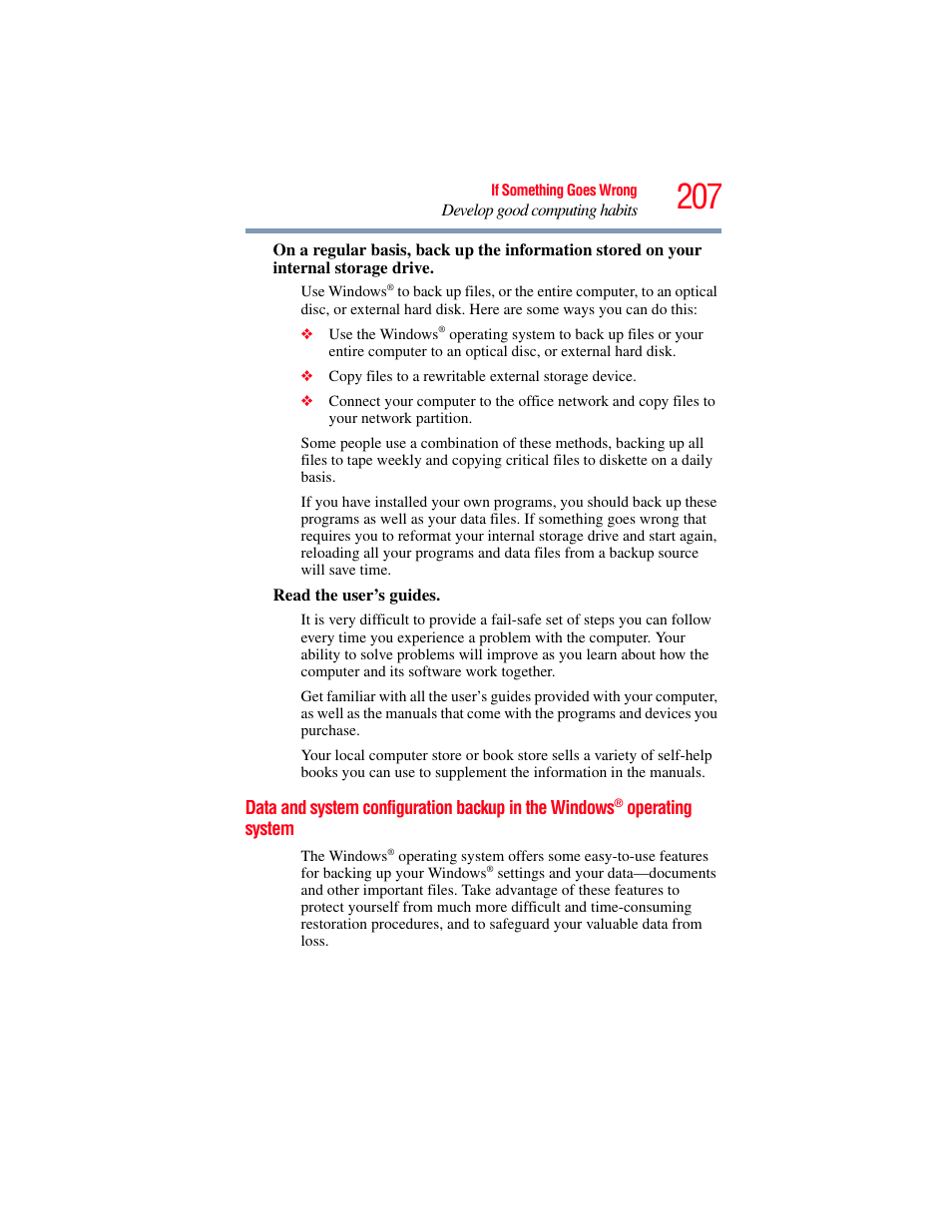 Data and system configuration backup in the, Windows | Toshiba SATELLITE P500 User Manual | Page 207 / 254