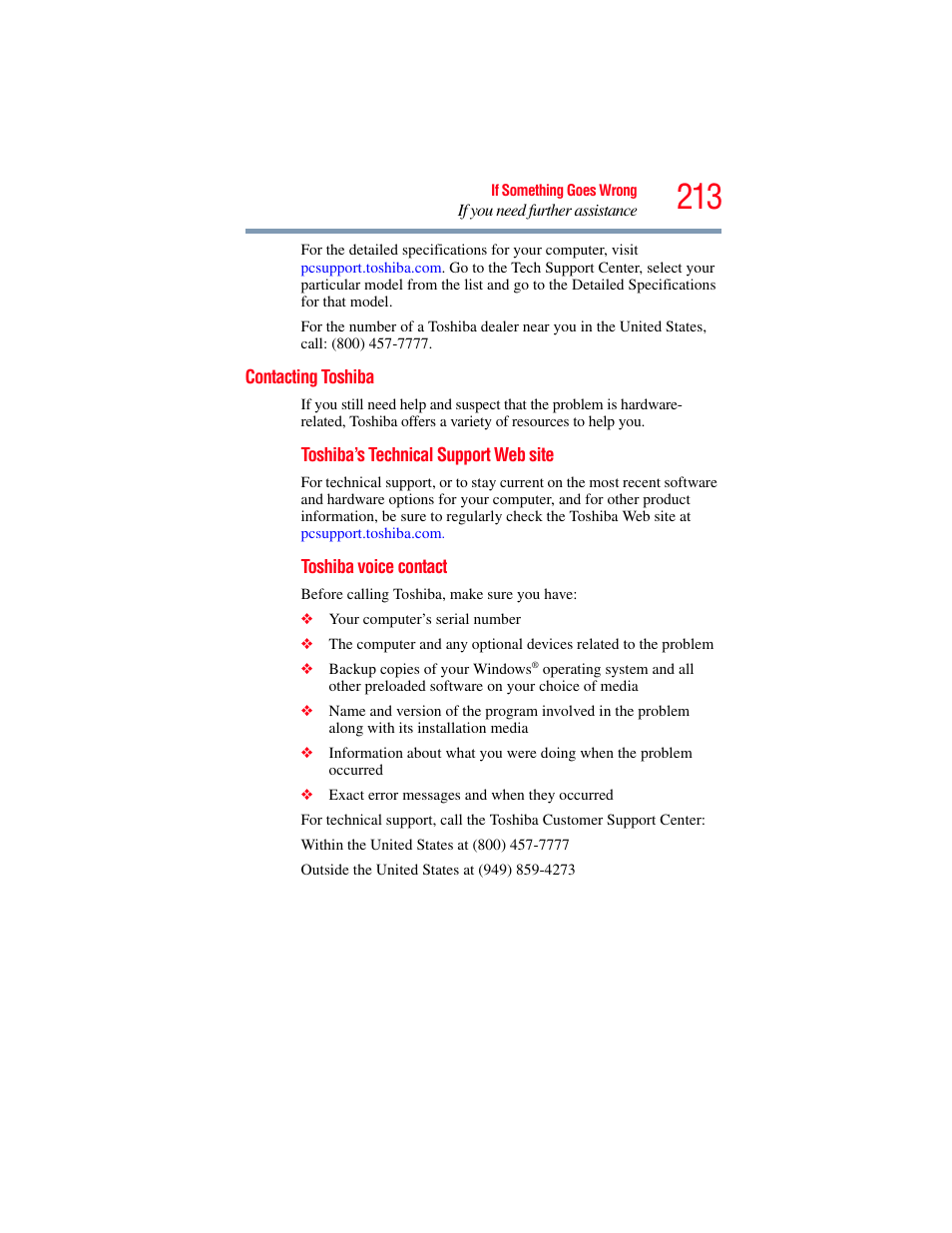Contacting toshiba | Toshiba SATELLITE P500 User Manual | Page 213 / 254