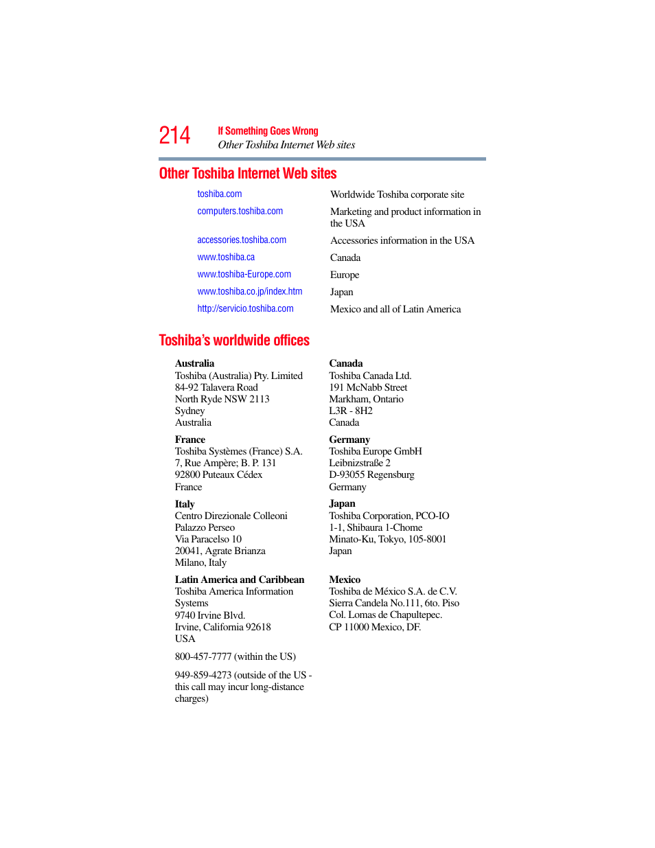 Other toshiba internet web sites, Toshiba’s worldwide offices | Toshiba SATELLITE P500 User Manual | Page 214 / 254