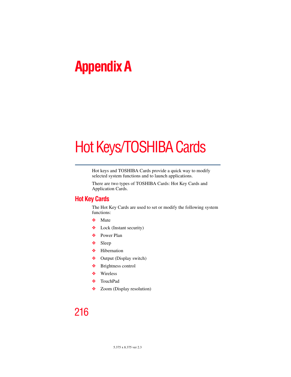 Appendix a: hot keys/toshiba cards, Hot key cards, Hot keys/toshiba cards | Appendix a | Toshiba SATELLITE P500 User Manual | Page 216 / 254