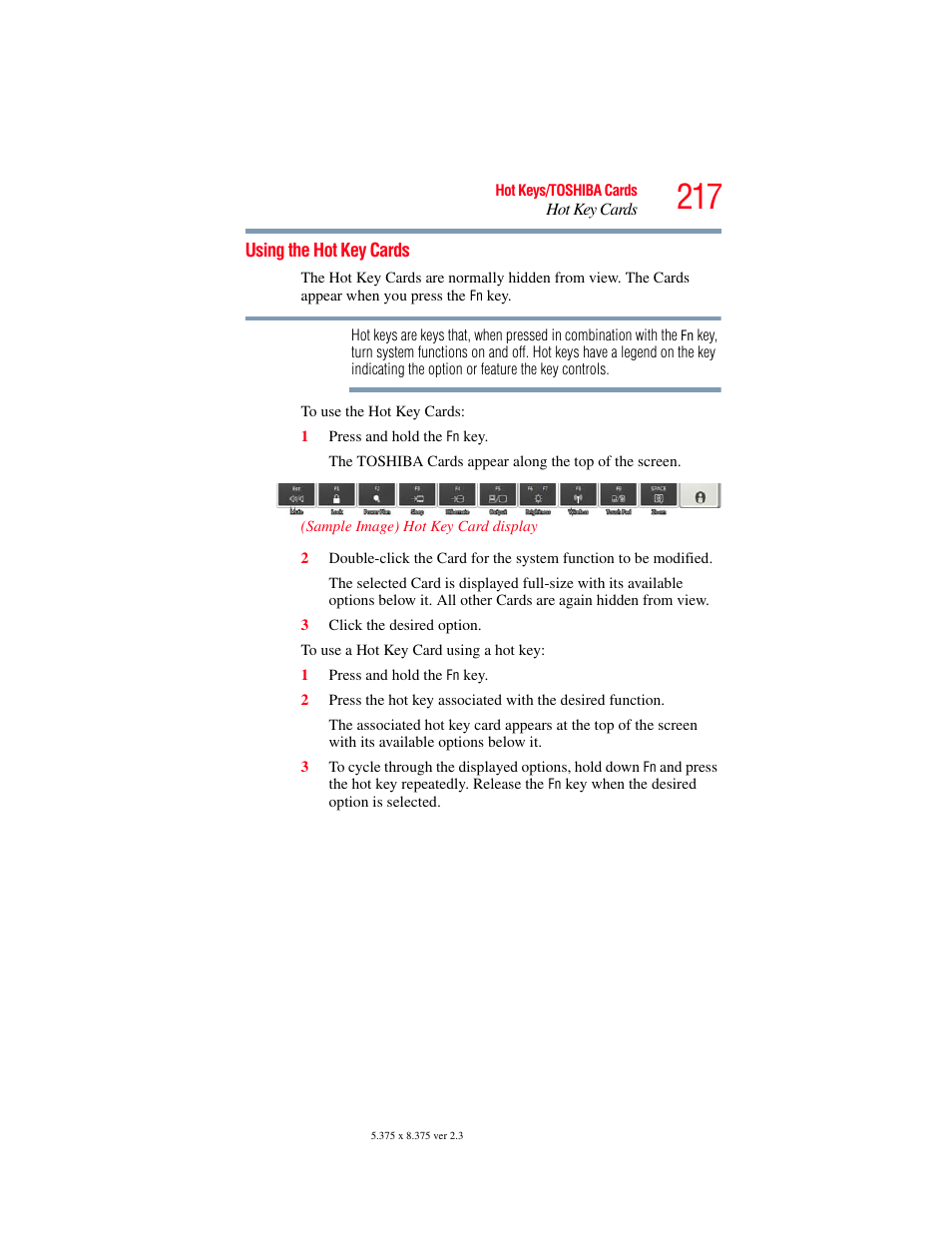 Using the hot key cards | Toshiba SATELLITE P500 User Manual | Page 217 / 254