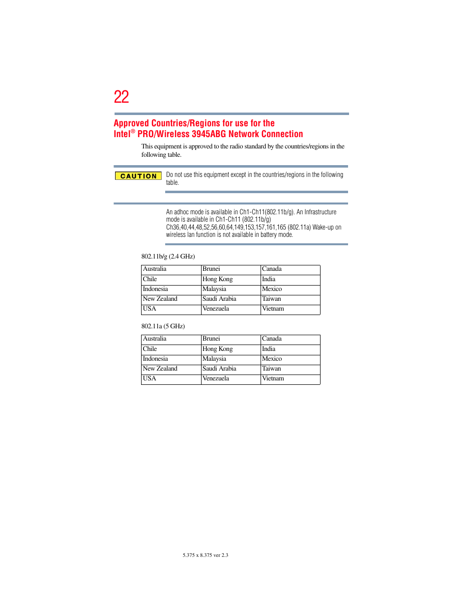 Approved countries/regions for use for the intel, Pro/wireless 3945abg network connection | Toshiba SATELLITE P500 User Manual | Page 22 / 254