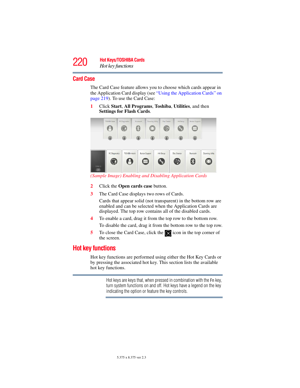 Card case, Hot key functions | Toshiba SATELLITE P500 User Manual | Page 220 / 254