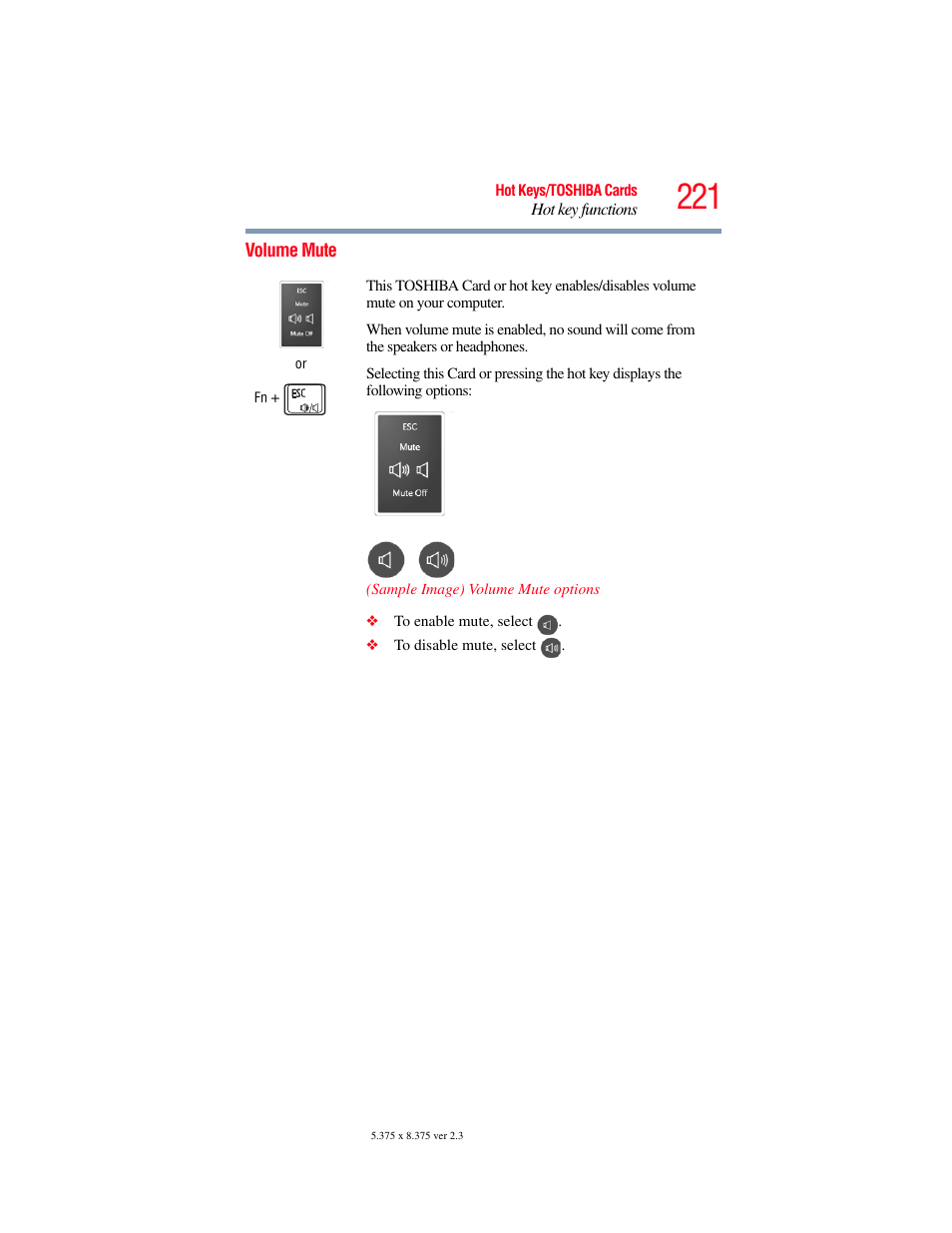 Volume mute | Toshiba SATELLITE P500 User Manual | Page 221 / 254