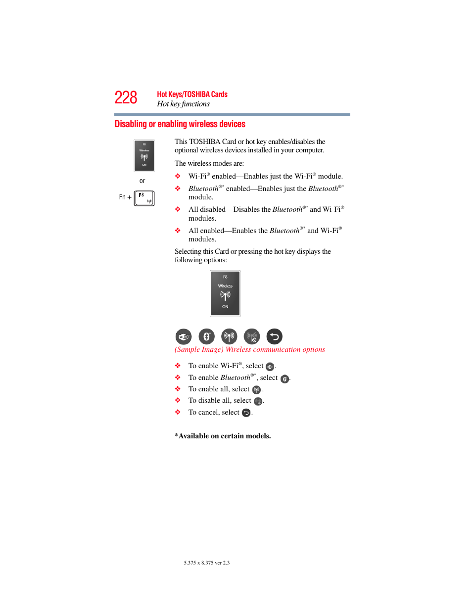 Disabling or enabling wireless devices | Toshiba SATELLITE P500 User Manual | Page 228 / 254