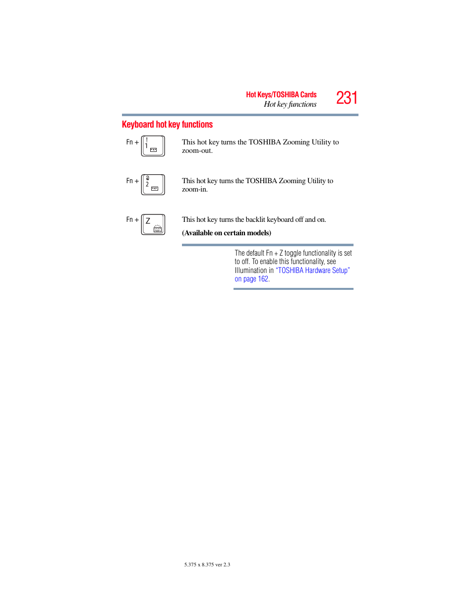 Keyboard hot key functions | Toshiba SATELLITE P500 User Manual | Page 231 / 254