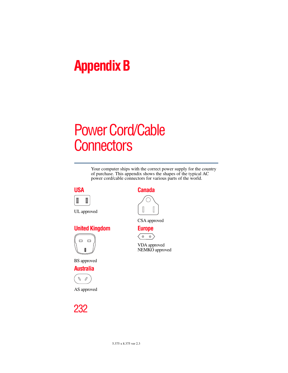 Appendix b: power cord/cable connectors, Power cord/cable connectors, Appendix b | Toshiba SATELLITE P500 User Manual | Page 232 / 254