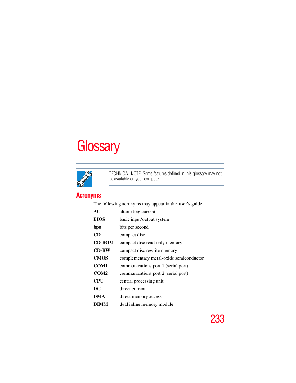 Glossary, Acronyms | Toshiba SATELLITE P500 User Manual | Page 233 / 254